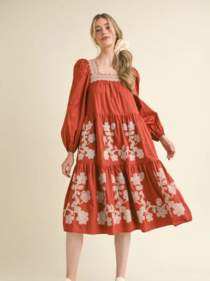 Terracotta Floral Embroidered Tiered Midi Dress
