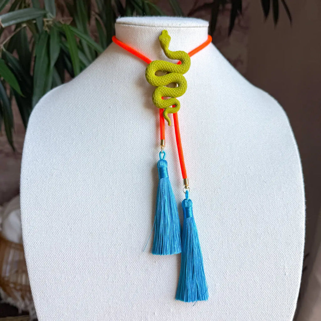 Snake Bolo with Neon Orange & Lagoon Blue Tassel