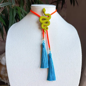 Snake Bolo with Neon Orange & Lagoon Blue Tassel
