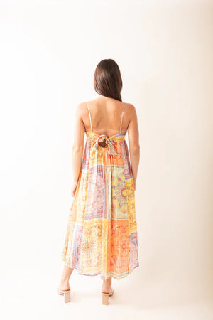 THML Yellow Colorblock Print Maxi Dress (LARGE)