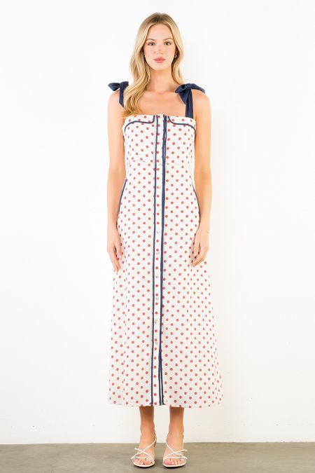 THML | Cream Polkadot Shoulder Strap Tie Dress