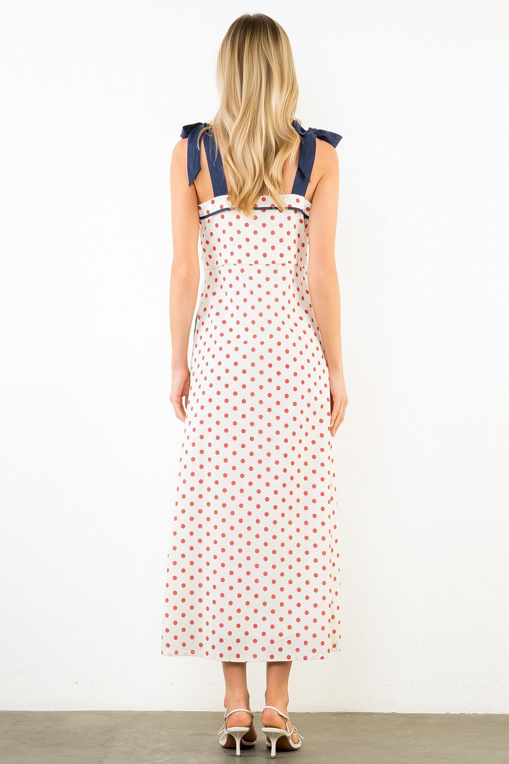 THML | Cream Polkadot Shoulder Strap Tie Dress
