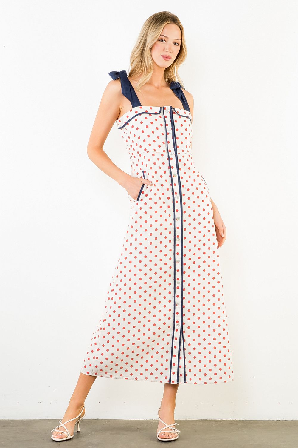 THML | Cream Polkadot Shoulder Strap Tie Dress
