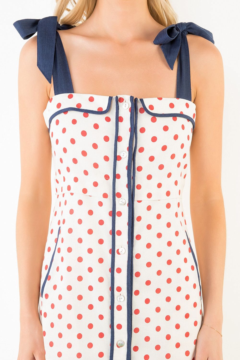 THML | Cream Polkadot Shoulder Strap Tie Dress