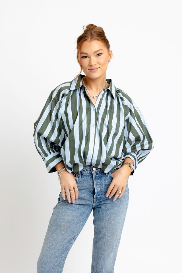 Karlie | Blue Stripe Collar Bubble 3/4 Sleeve Top