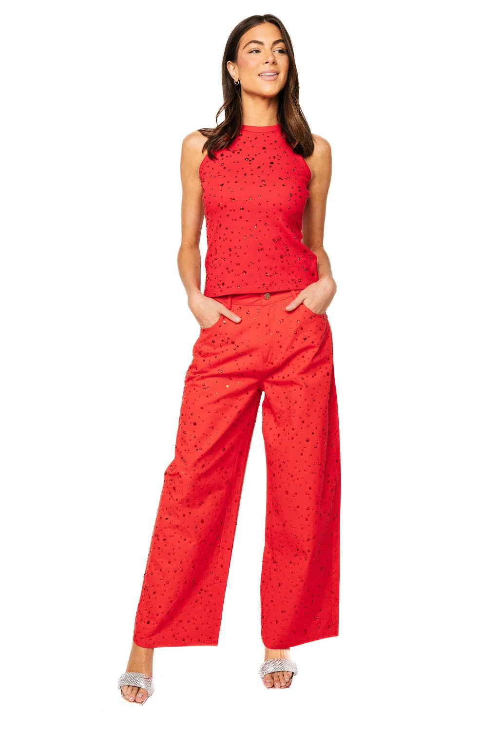 Queen of Sparkles Red Wide Leg Rhinestone Jean (Bottoms Only)