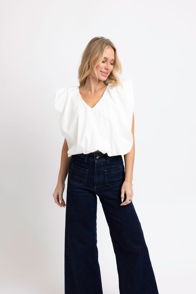 Karlie | White Solid Poplin VNeck Bubble Top