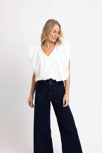 Karlie | White Solid Poplin VNeck Bubble Top