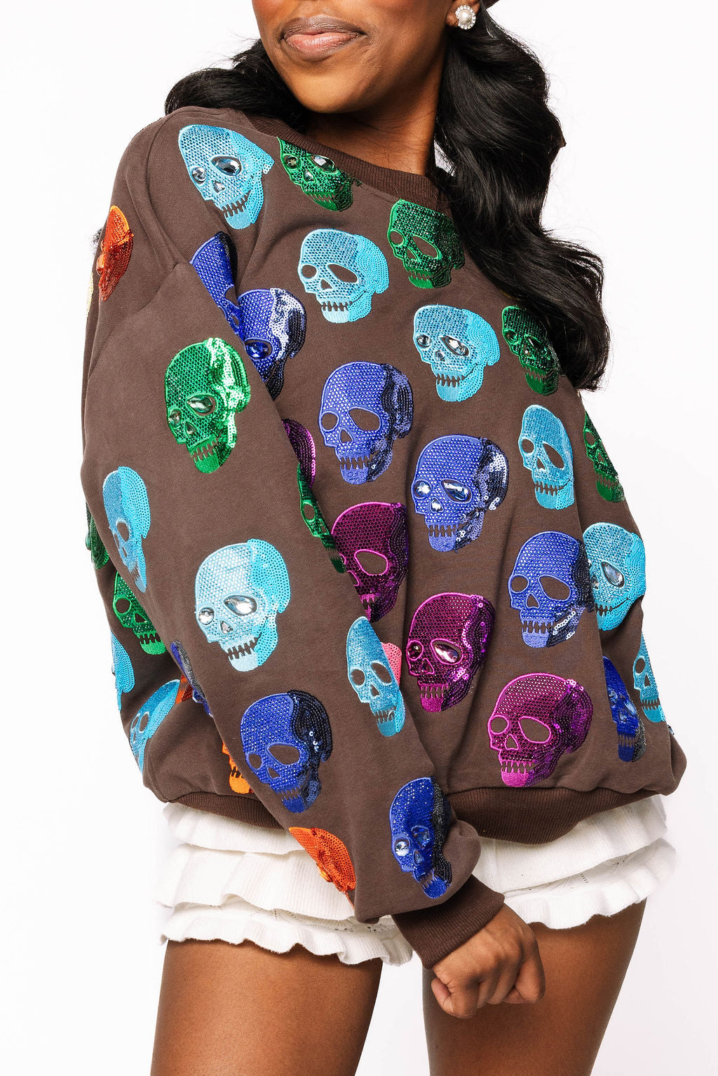 Queen of Sparkles Brown Rainbow Skulls Sweatshirt