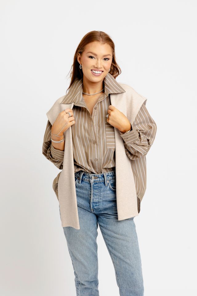 Karlie | Hailey Brown Stripe Poplin Sweater Buttondown