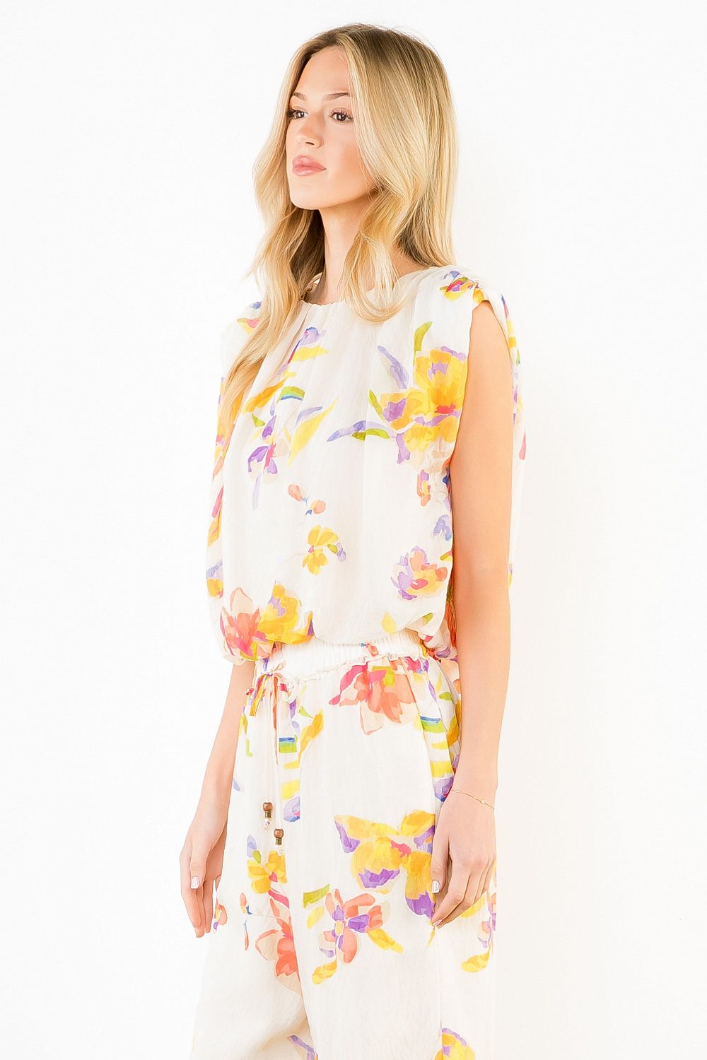 THML | Cream Sleeveless Floral Top