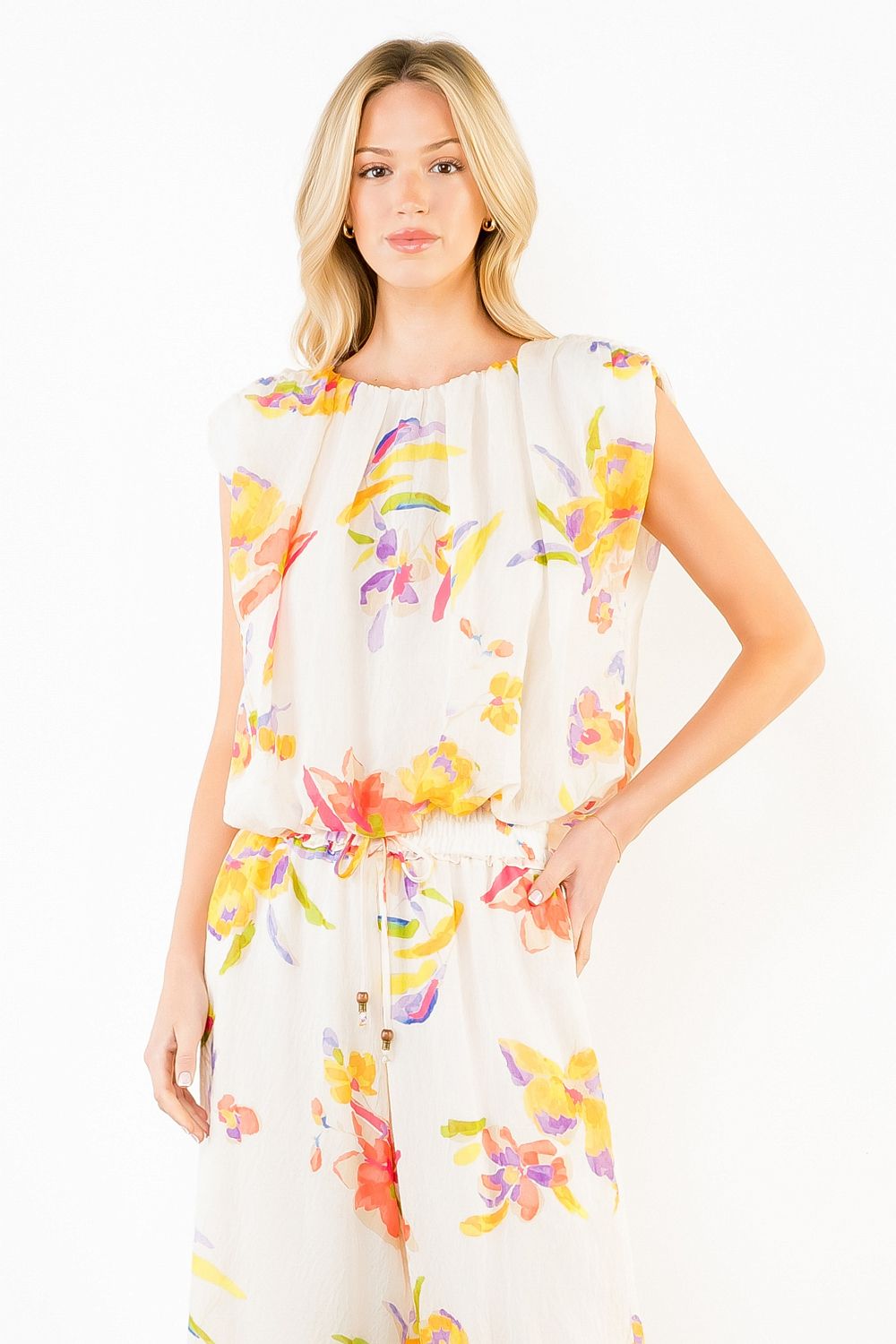 THML | Cream Sleeveless Floral Top