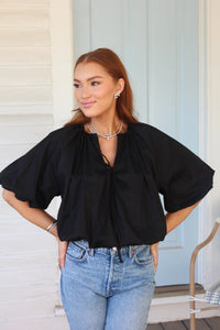 Karlie | Black Poplin Bubble Tie 3/4 Sleeve Top