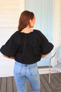 Karlie | Black Poplin Bubble Tie 3/4 Sleeve Top