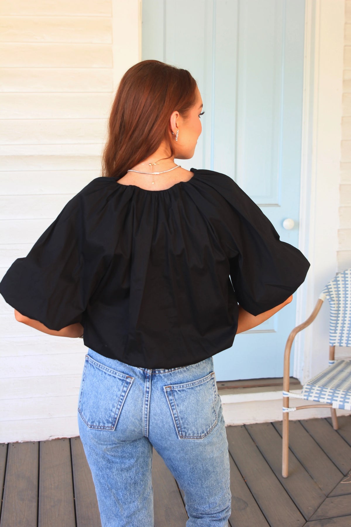 Karlie | Black Poplin Bubble Tie 3/4 Sleeve Top