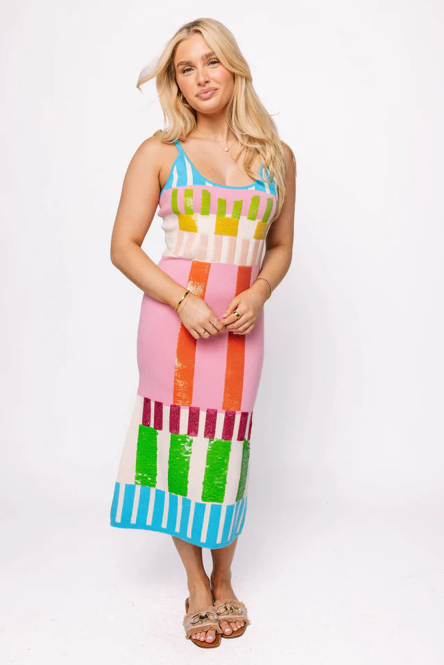 Queen of Sparkles Colorblock Stripe Knit Midi Dress