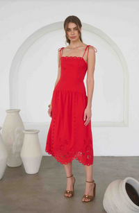 Moon River | Red Eyelet Scalloped Midi Dress