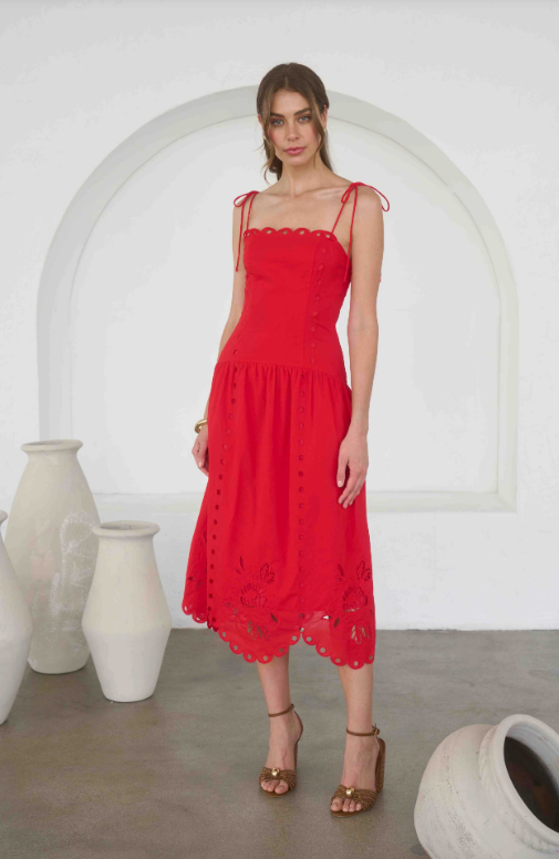 Moon River | Red Eyelet Scalloped Midi Dress