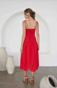 Moon River | Red Eyelet Scalloped Midi Dress