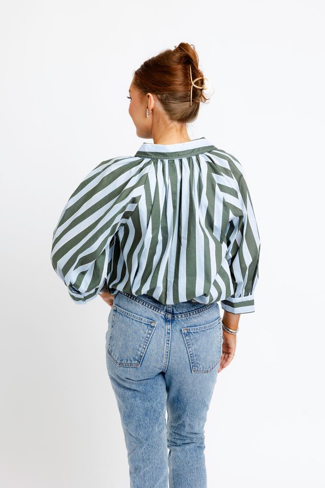 Karlie | Blue Stripe Collar Bubble 3/4 Sleeve Top