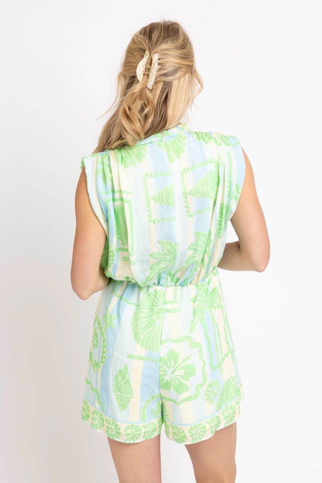 Karlie | Green Sea Shell Drape Button Romper