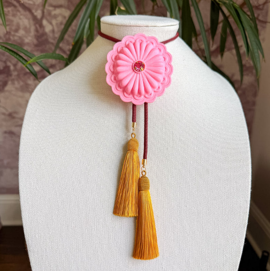 Concho Bolo Bubblegum Pink with Maroon & Golden Yellow Tassle