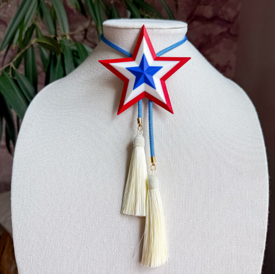 Firecracker Lone Star Bolo with Ocean Blue & Ivory Tassel
