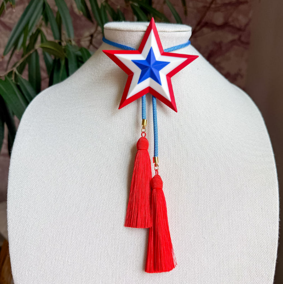 Firecracker Lone Star Bolo with Ocean Blue & Red Tassel
