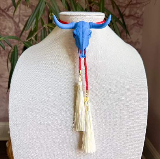 Longhorn Bolo Ocean Blue with Red & Ivory Tassle