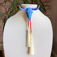 Longhorn Bolo Ocean Blue with Red & Ivory Tassle