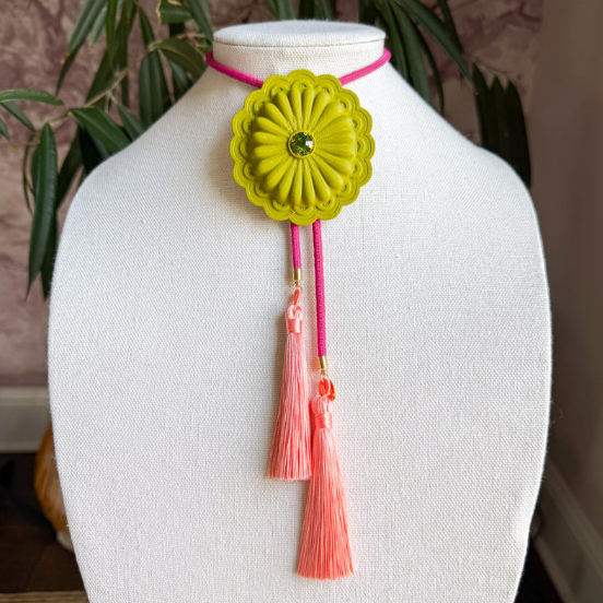 Concho Bolo Olive Green with Fuchsia & Peach Tassle