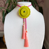 Concho Bolo Olive Green with Fuchsia & Peach Tassle