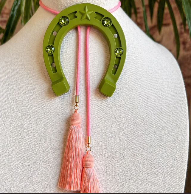 Lucky Horseshoe Bolo Olive Green with Bubblegum Pink & Peach Tassle