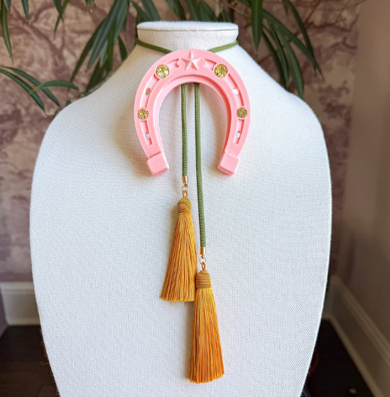 Lucky Horseshoe Bolo Sugar Pink with Olive & Golden Yellow Tassle