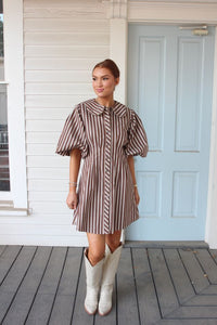 Karlie | Brown Stripe Scallop Puff Sleeve Shirt Dress