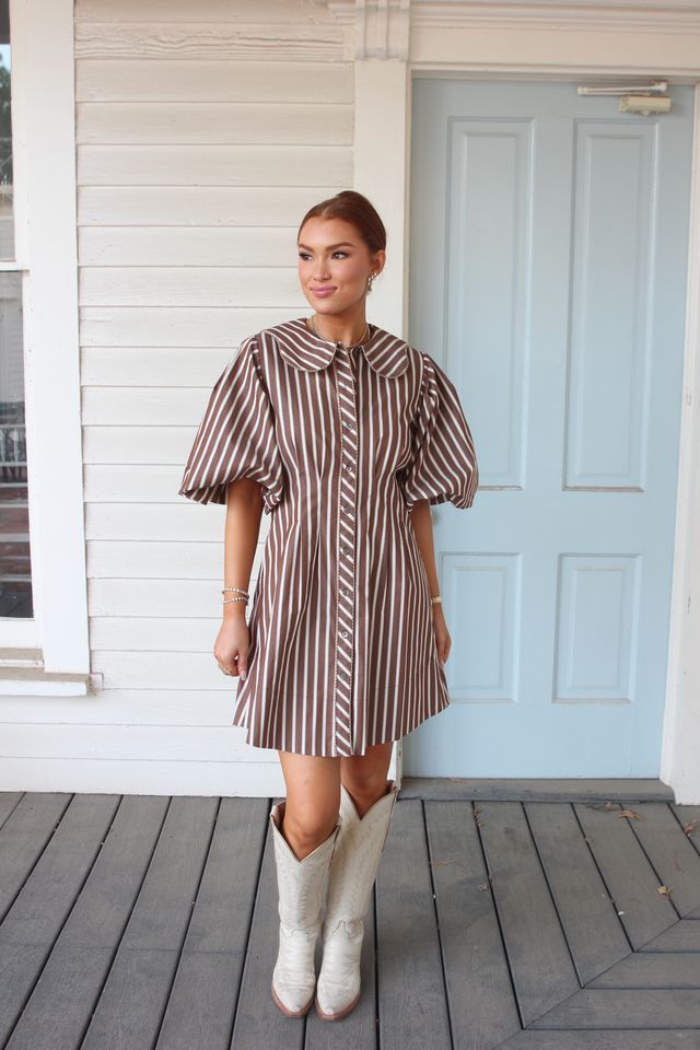 Karlie | Brown Stripe Scallop Puff Sleeve Shirt Dress