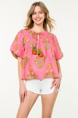 THML Pink Floral Puff Sleeve Top