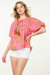 THML Pink Floral Puff Sleeve Top