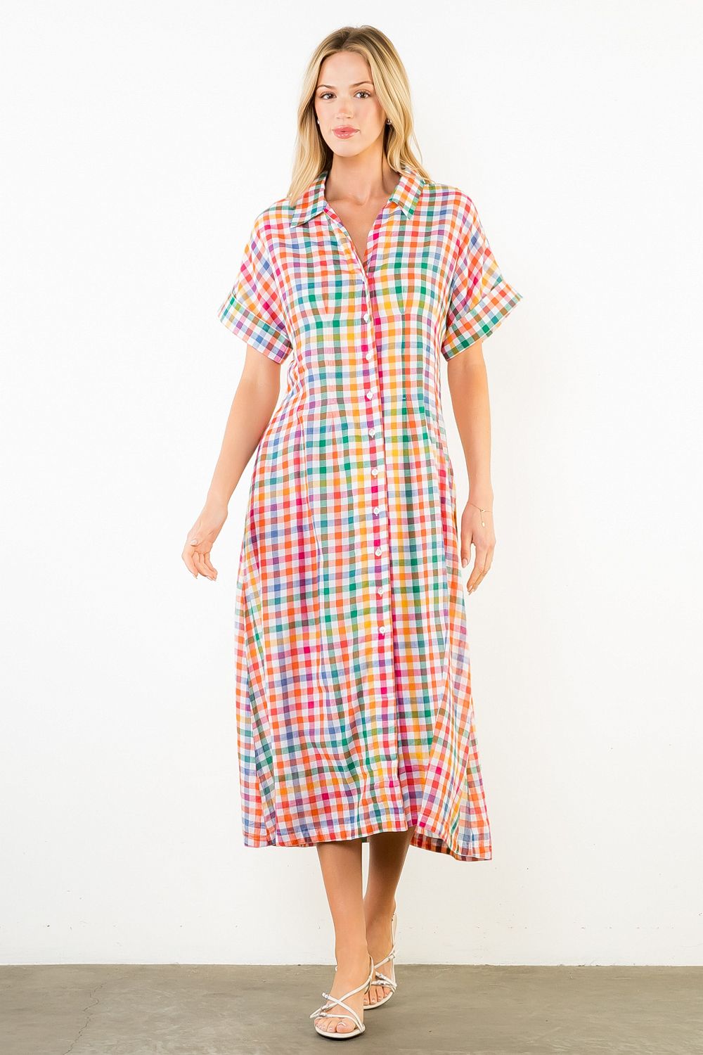 THML | Multi Short Slv Plaid Button Down Dress