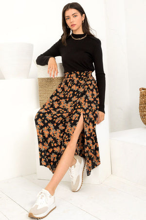 THML Floral Elastic Waist Midi Skirt