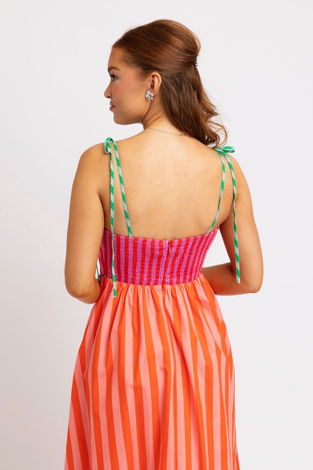 Karlie | Fuschia Stripe Color Block Tie Shoulder Maxi Dress