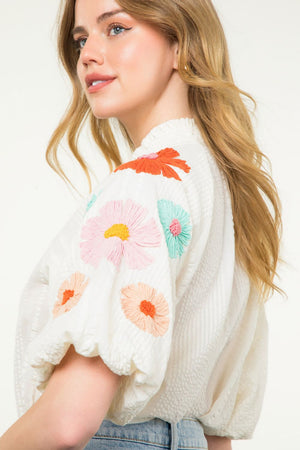 THML Cream Embroidered Floral Puff Sleeve Top