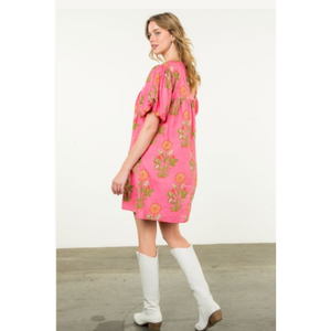 THML Pink Floral Puff Sleeve Dress