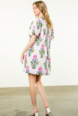 THML Printed Puff Sleeve Tassel Dress