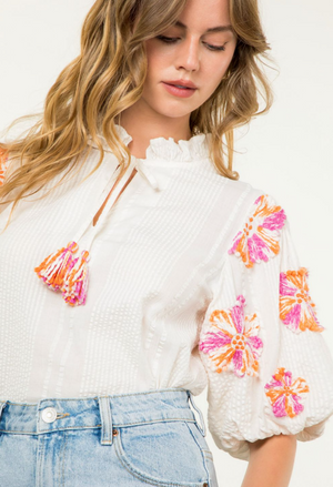 THML Cream Embroidered Puff Sleeve Top