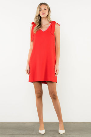 THML Red Ric Rac Trim Tie Shoulder Mini Dress
