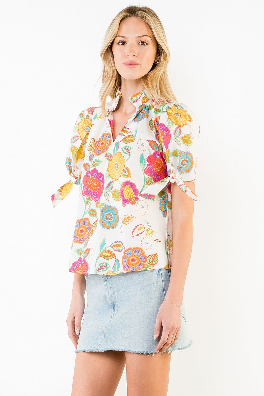 THML | Cream Short Slv Floral Pattern Top