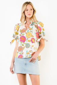 THML | Cream Short Slv Floral Pattern Top