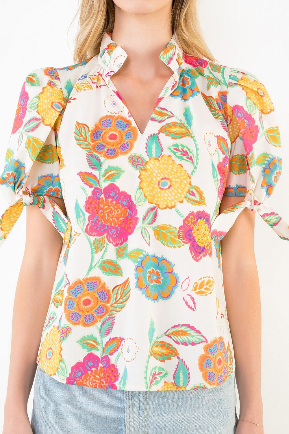 THML | Cream Short Slv Floral Pattern Top