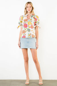 THML | Cream Short Slv Floral Pattern Top